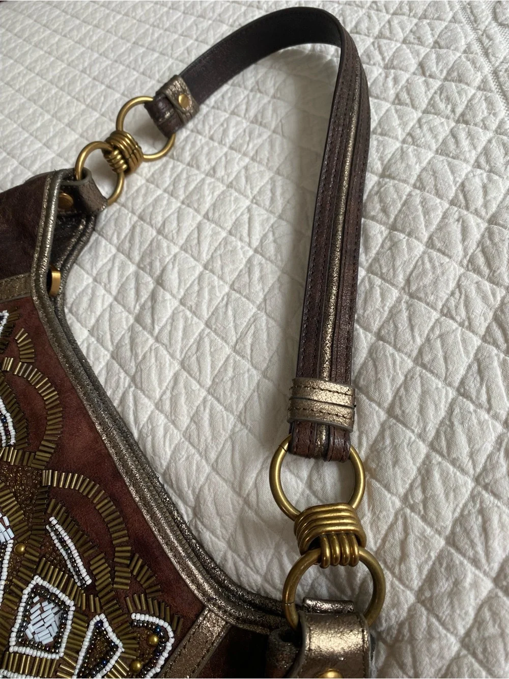 Isabella Fiore VTG Beaded Leather Hobo Shoulder Bag Brown Boho Metallic Art Deco